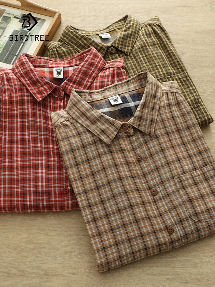 

Новая женская хлопковая рубашка с длинным рукавом на весну 2026 года, с отложным воротником, в клетку, в стиле Mori Girl, модная повседневная тонкая свободная блузка T63523CC