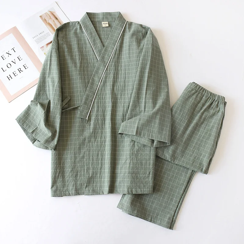 Kimono de estilo japonés, gasa de algodón, camisón a cuadros para hombre de primavera y otoño, conjunto de pijama con cordones yukata para servicio doméstico de dos piezas