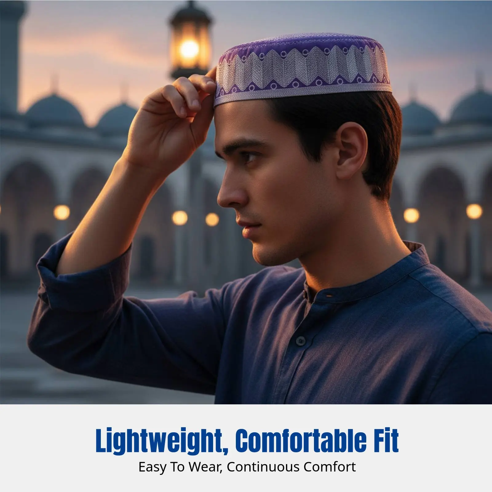 

Men's Muslim Cotton Embroidered Prayer Cap, Cream Top, Lavender, Lightweight, Youth, Travel