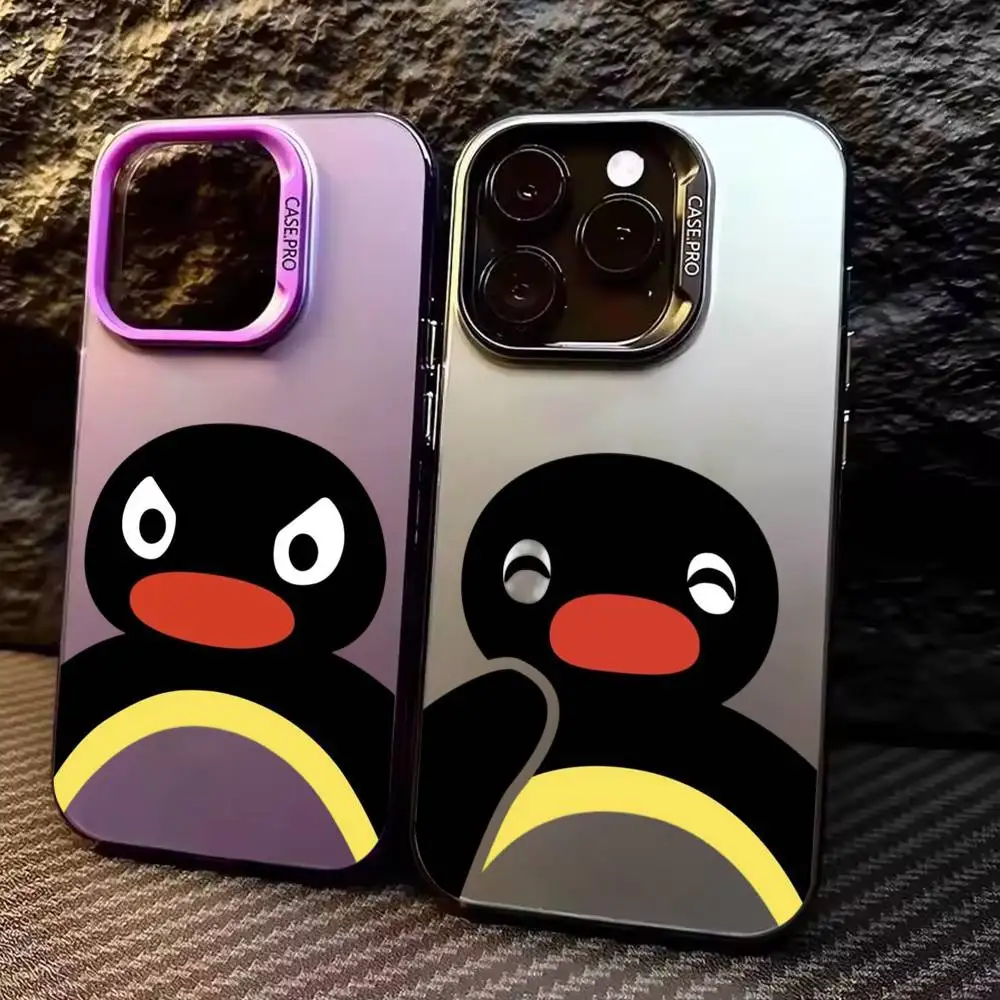 

C-Cute Kawaii P-Penguin Phone Case For iPhone17,16,15,14,13,12,11 Plus,Pro Max Colored Silver Plated Inside Cover