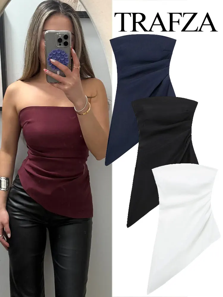 

TRAFZA 2025 Summer Women's Fashion Zipper Tube Top Pleated Asymmetric Decorated Off-Shoulder Slim Top Women's Street Wear Y2K