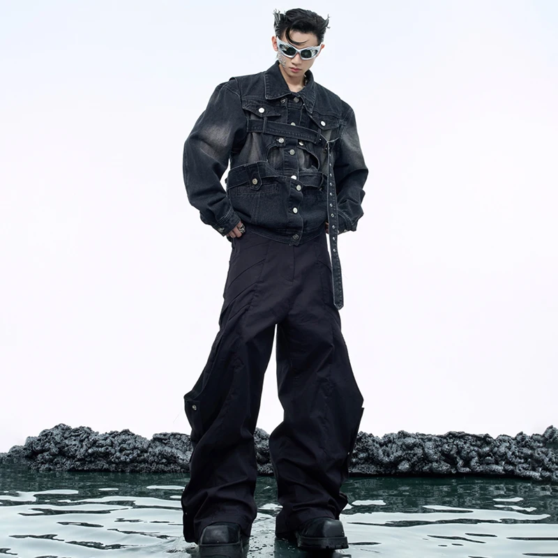 LUZHEN Versleten denim jack gewassen patchwork split gepersonaliseerde korte straat luxe trendy 2025, nieuwe mannelijke jassen lente JY4696