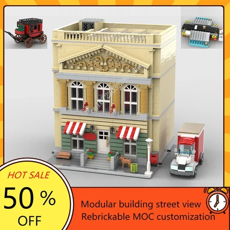 MOC-décennie s de construction de bureau de poste modulaire personnalisés, modèle de vue sur la rue, briques technologiques, jouets d'assemblage de bricolage, cadeaux d'anniversaire, 2457 pièces