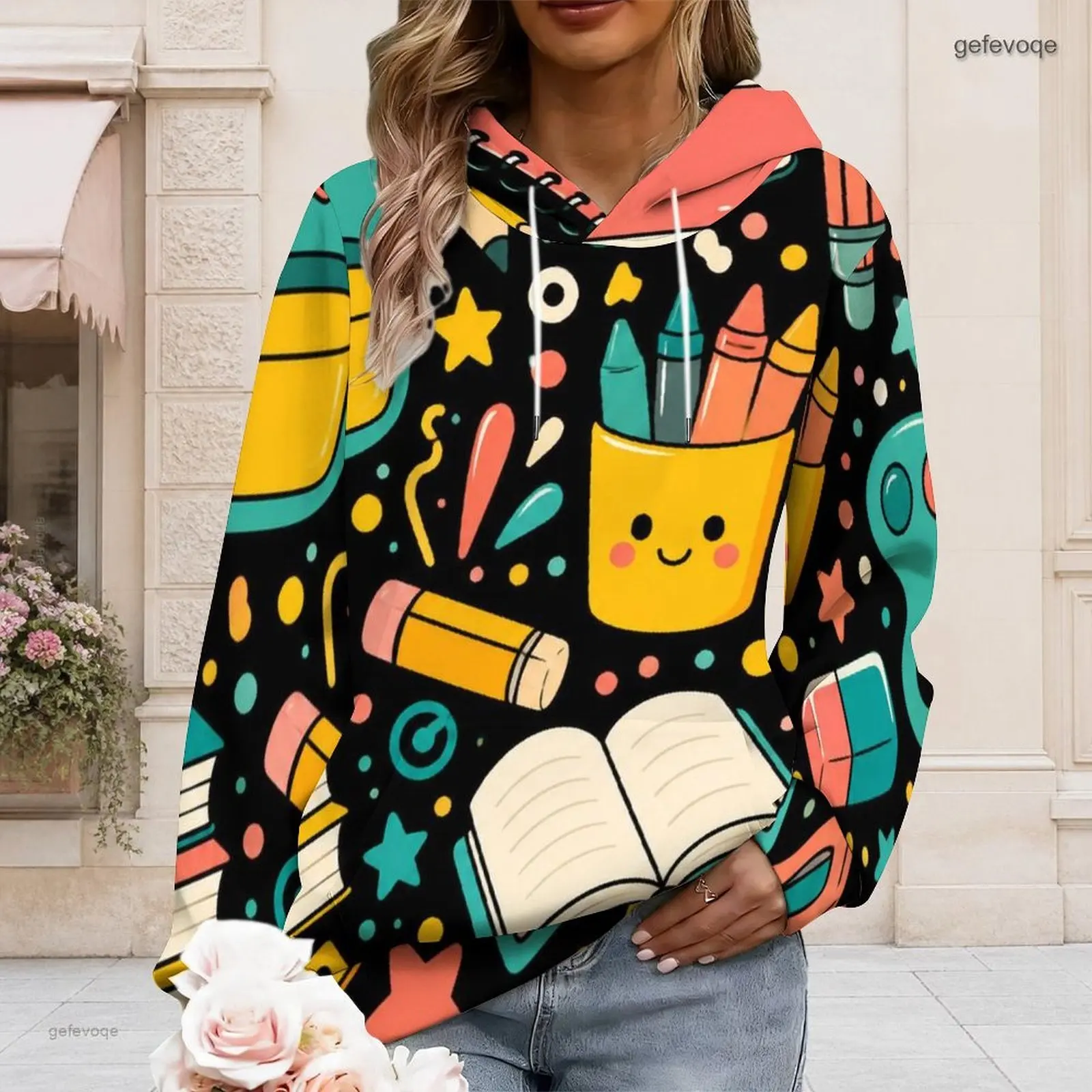 Printed Hoodie for Women Long Sleeve Drawstring Hood Kangaroo Pocket Pullover