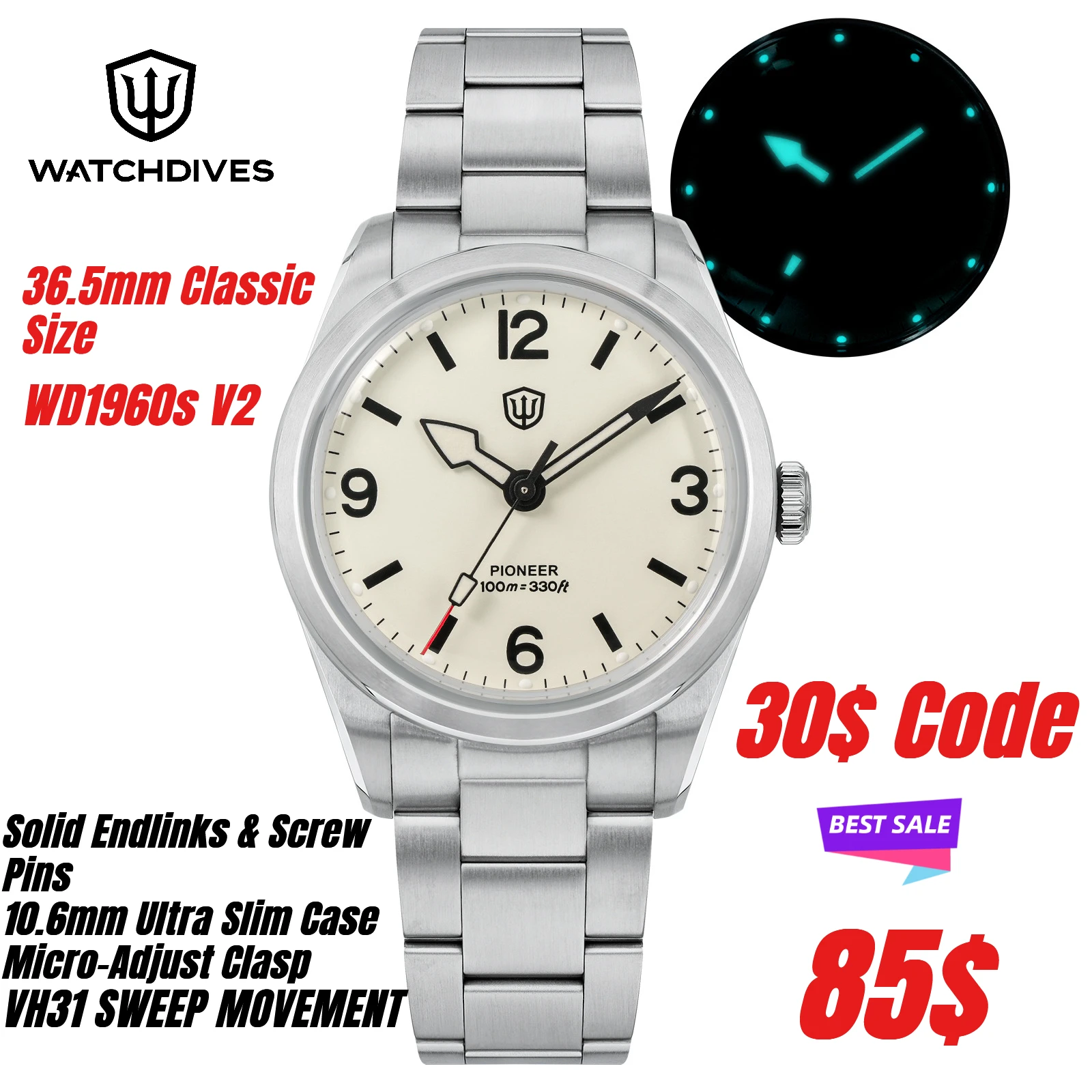 Watchdives WD1960S V2 Quartz Watch New Sapphire Luminous Watches VH31 Sweep Movement 100m Waterproof Mens Vintage Watches