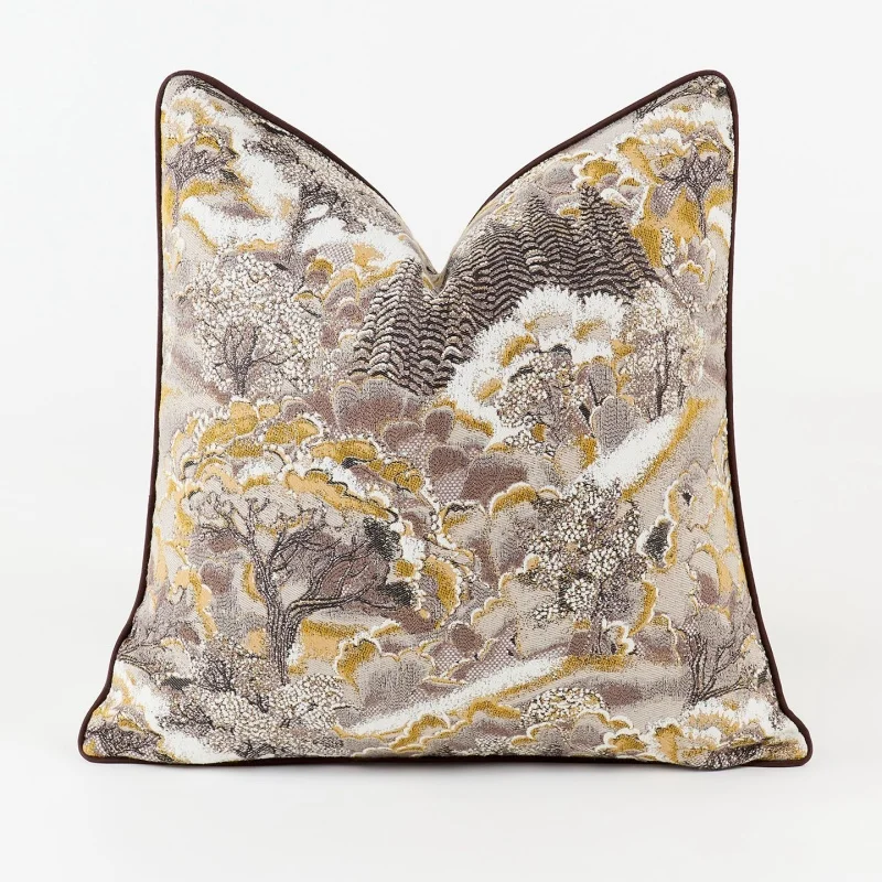 Luxury Chinoiserie Landscape Throw Pillow Cover  Textured Jacquard Forest  Mountain Print Cushion Case Vintage Home Decor