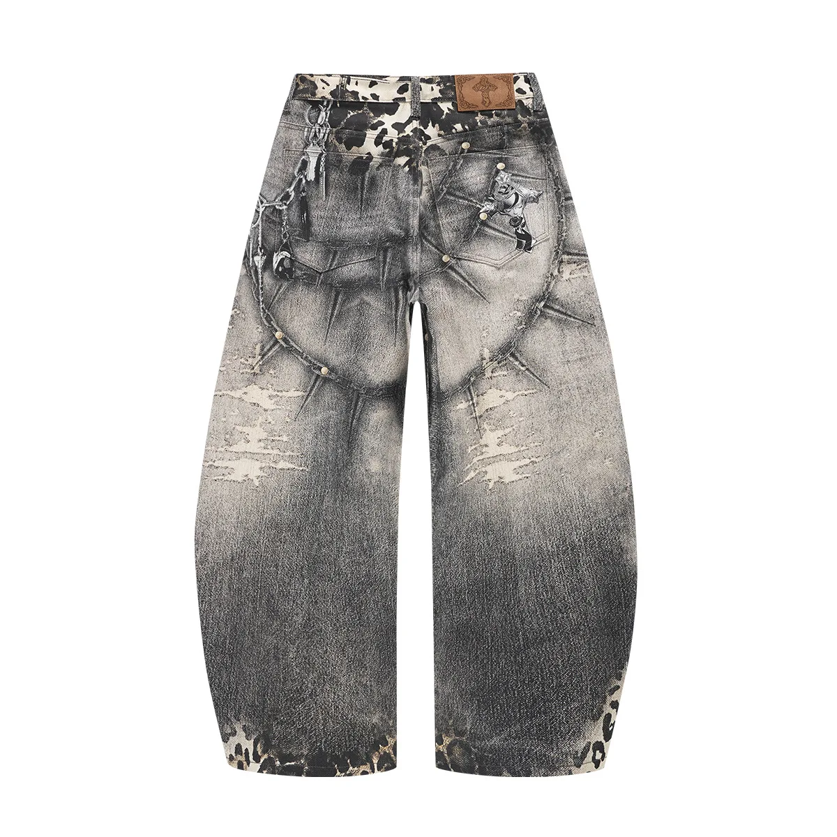 MWJLPWQ American Punk Leopard Print Patchwork Curved Hem Jeans For Men Black Gray Distressed Rivets Chains Wide-Leg Pants 21458