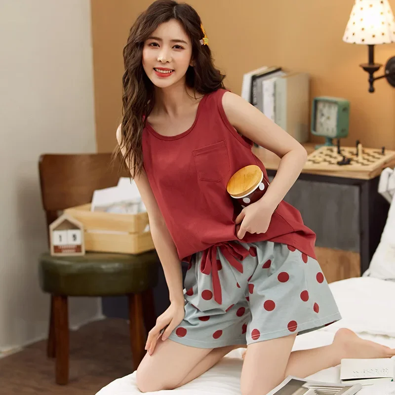 New Women\'s Pajamas Set Summer Cotton Solid Top Print Shorts Pyjama Pour Femme Korean Kawaii Home wear Sleepwear Two Piece Set