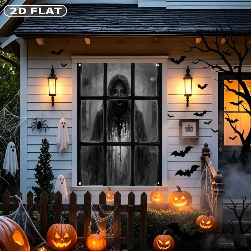 2D FLAT 1pc Party Banner, Halloween Window Cover with Scary Ghost Figure Behind Window Pane Print, 122x88cm, Polyester