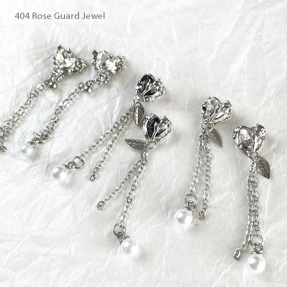 -Rose Guard- Unique Design Manicure Long Pendants Heart Glass Crystal Metallic Chains Jewelry Pearl Drops Nailfit DIY Charms 404