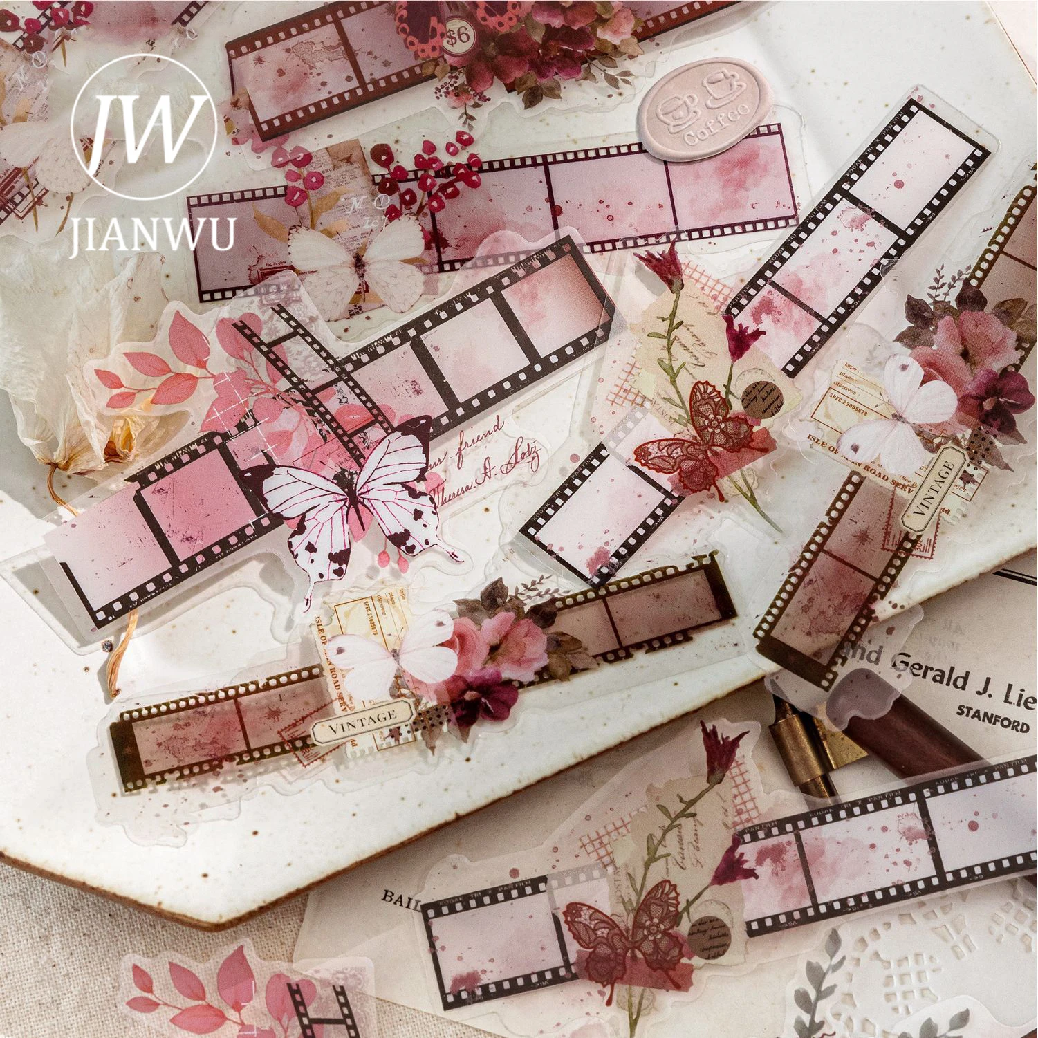 JIANWU Série de Filmes Antigos: Adesivos PET Criativos para Scrapbooking e Diário com Temas de Plantas, Flores e Paisagens Vintage