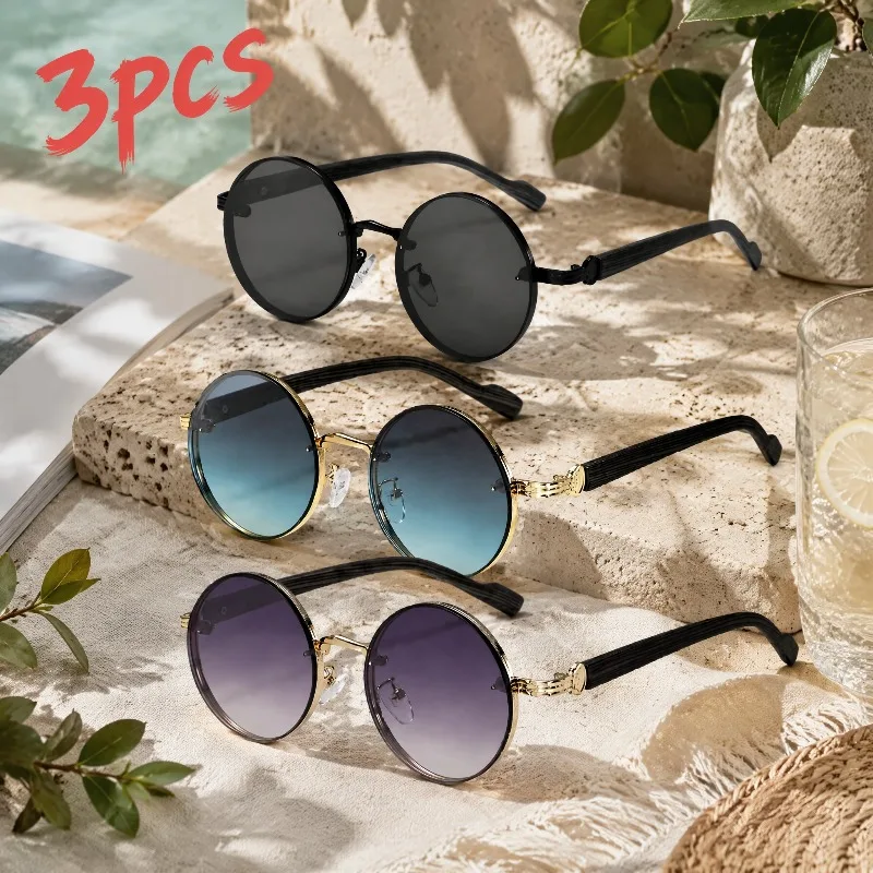 2/3Pcs Neutral Wood‑Grain Round‑Frame Glasses Set, Minimalist Retro Design, for Daily Wear, Street Style & Gifting