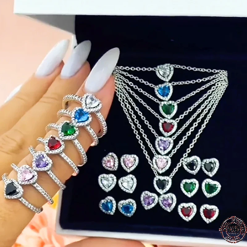 

925 sterling silver exquisite heart-shaped colorful crystal women's ring necklace earrings fit original fashionable jewelry gift