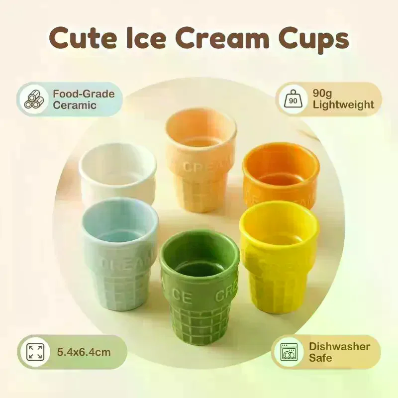 Ceramic Ice Cream Cups Dessert Coffee Mug With Waffle Cone Design Cute Aesthetic For Home Cafe Afternoon Tea Party Use Colorful