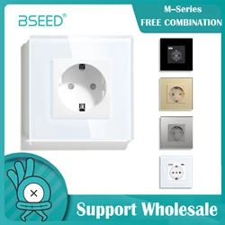 BSEED EU Standard Wall Socket White Black Golden Single Glass Crystal Panel Electrical Outlet 16A 110V - 240V Socket