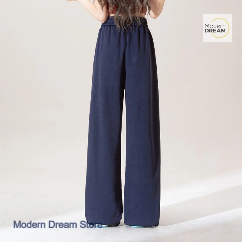 Korean style Apple Embroidery Sports Pants Women's Spring and Autumn elastic drawstring high waist loose Joker wide-leg pants