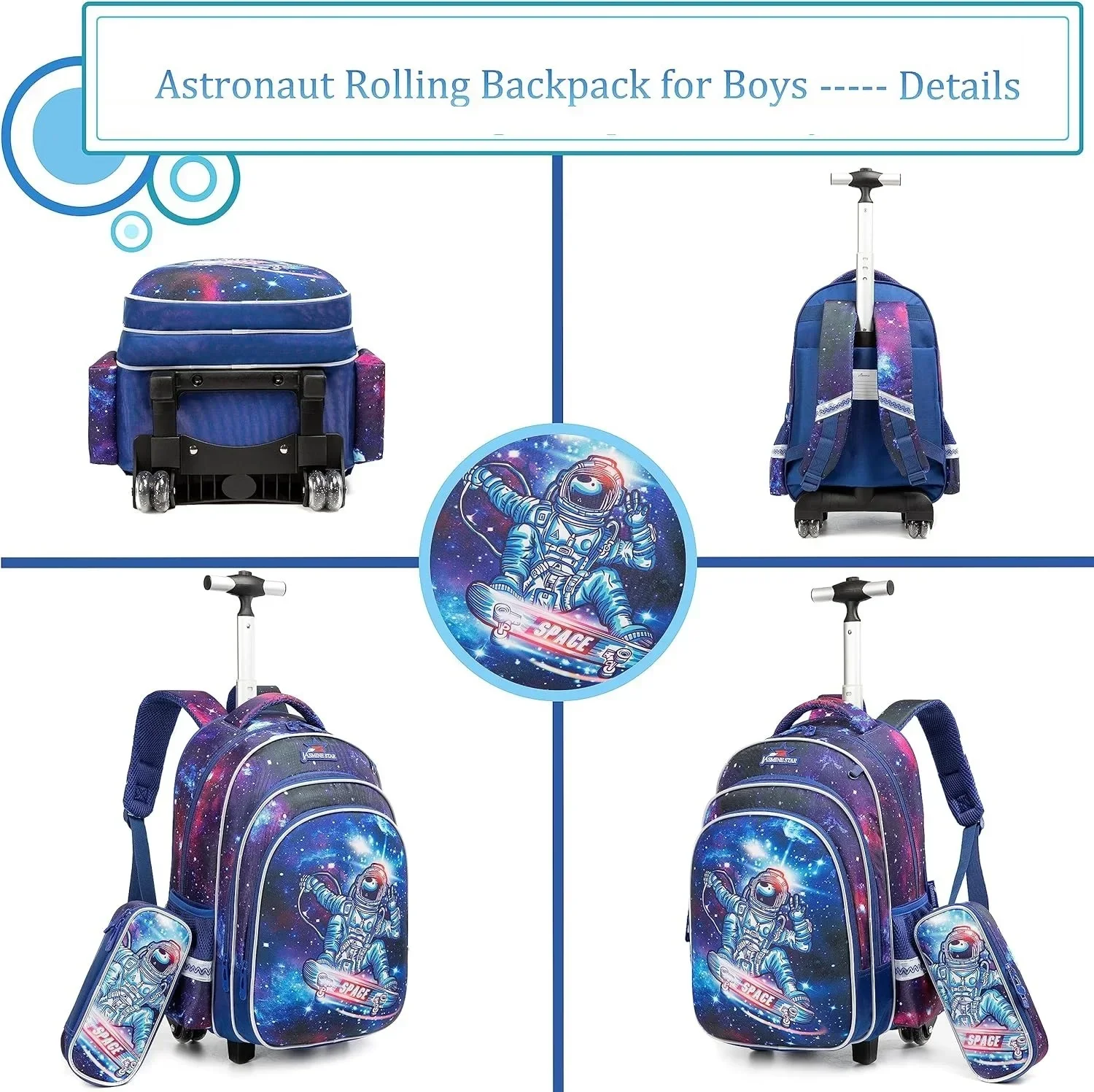 Children Trolley Backpack Wheeled Bag with Wheels Roller Luggage Backpacks on Wheels Astronaut Rolling for Boys School Bag Set