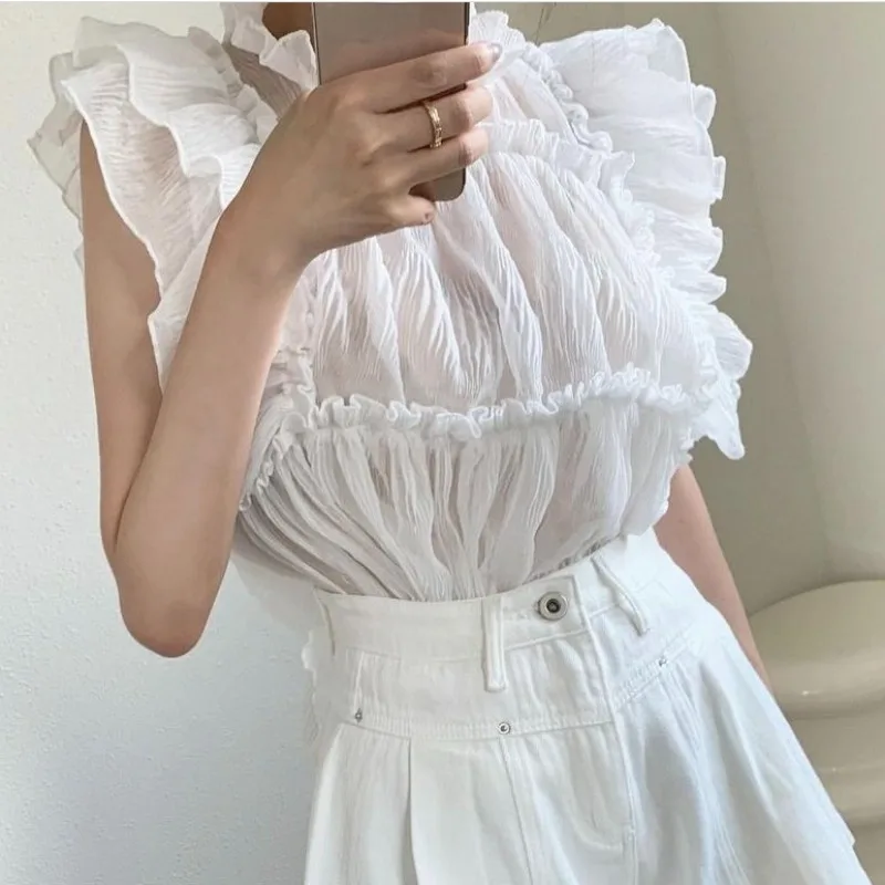 Sweet Chic Ruffles Shirts & Blouses Flying Sleeve Women 2024 Blusas Sleeveless Ropa Mujer Loose Camisas Korean Style Blusa