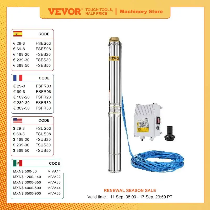 VEVOR 1.5HP pompa per pozzi profondi 110V 1100W pompa sommergibile 335ft testa 24GPM pompa per acqua da pozzo in acciaio inossidabile uso domestico industriale