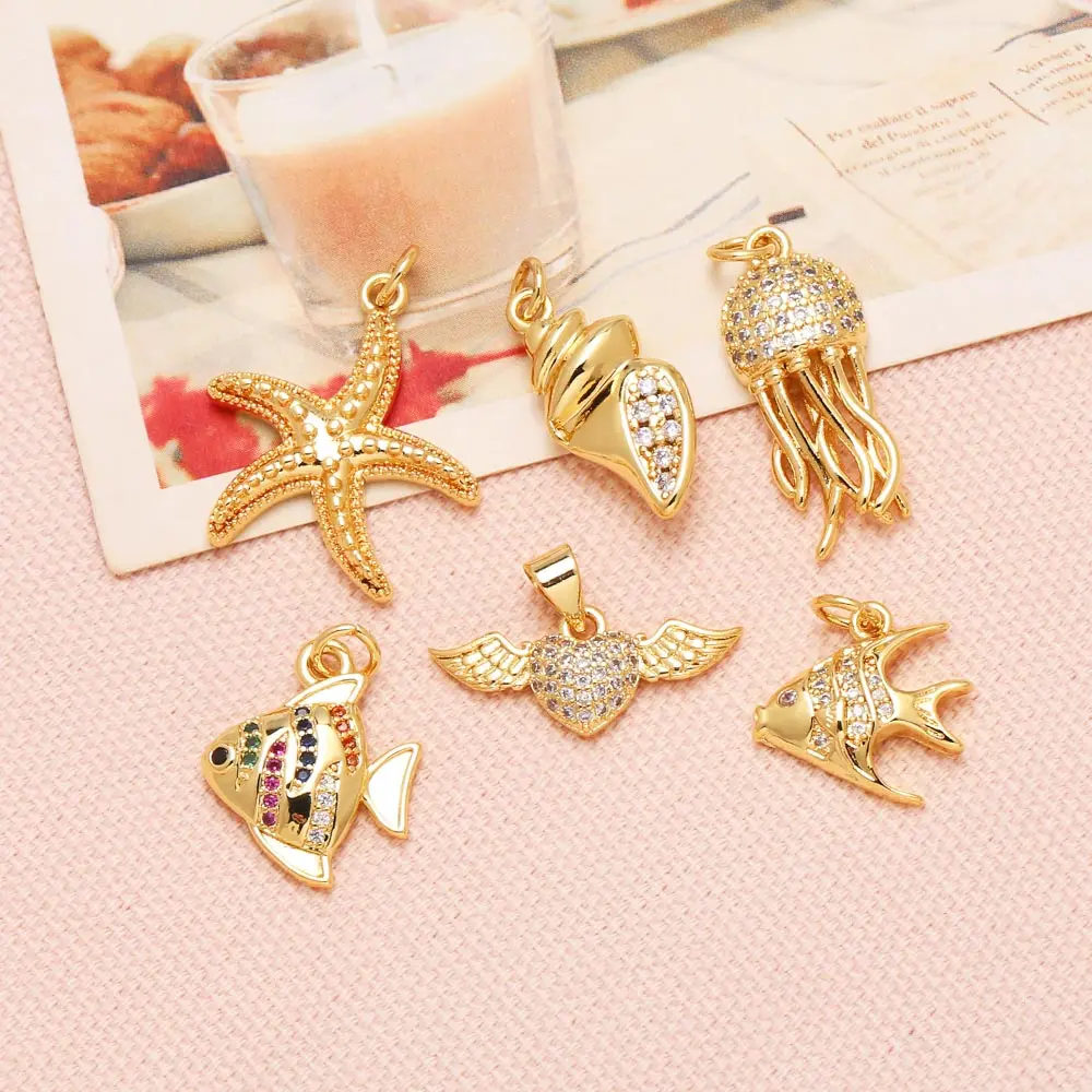 OCESRIO White Crystal Octopus Pendant for Necklace Copper Gold Plated Fish Starfish Ocean Jewelry Making Component pdta919