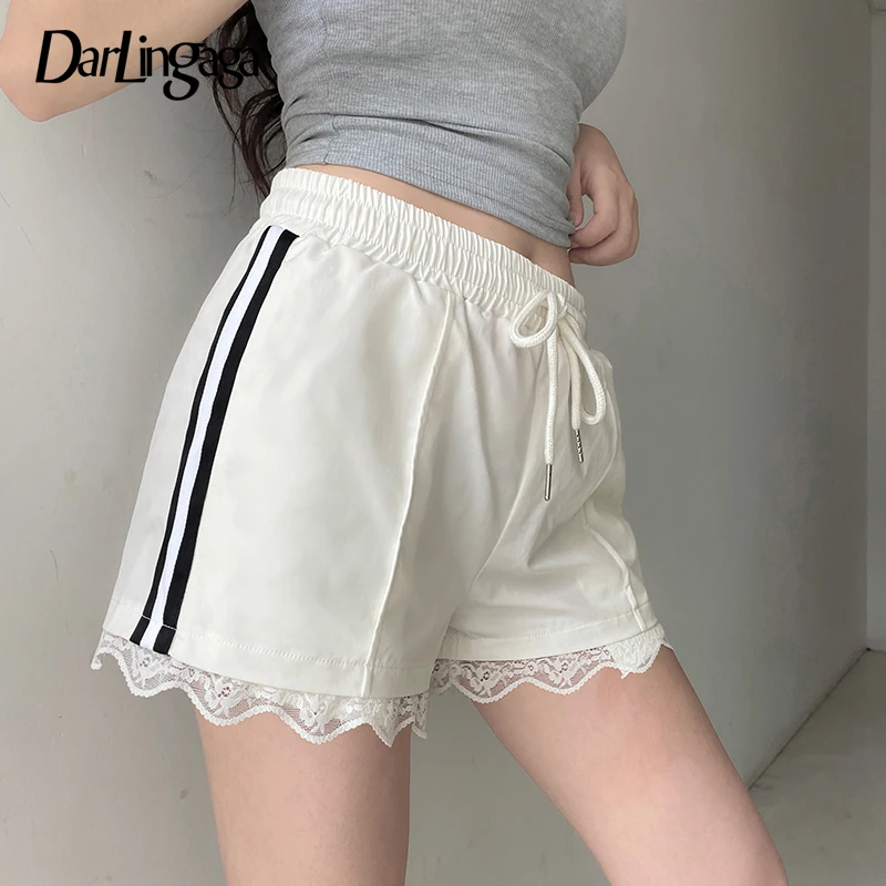 Darlingaga Casual Stripe Lace Spliced White Women Shorts Drawstring Elastic Waist Korean Style Homewear Summer Short Pants Hot