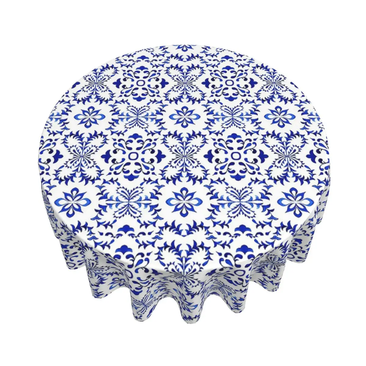 Azulejo Portuguese Tile Watercolor Artwork Waterproof Round Tablecloth Oilproof Table Cloth for Kitchen Events Dining TableCover