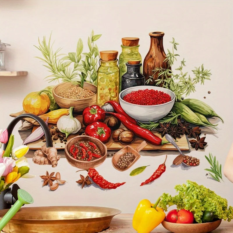 Self-Adhesive Seasoning Stickers Wall Decor for Restaurant Kitchen Simple Atmosphere Paper Stick-On Wall Art B137