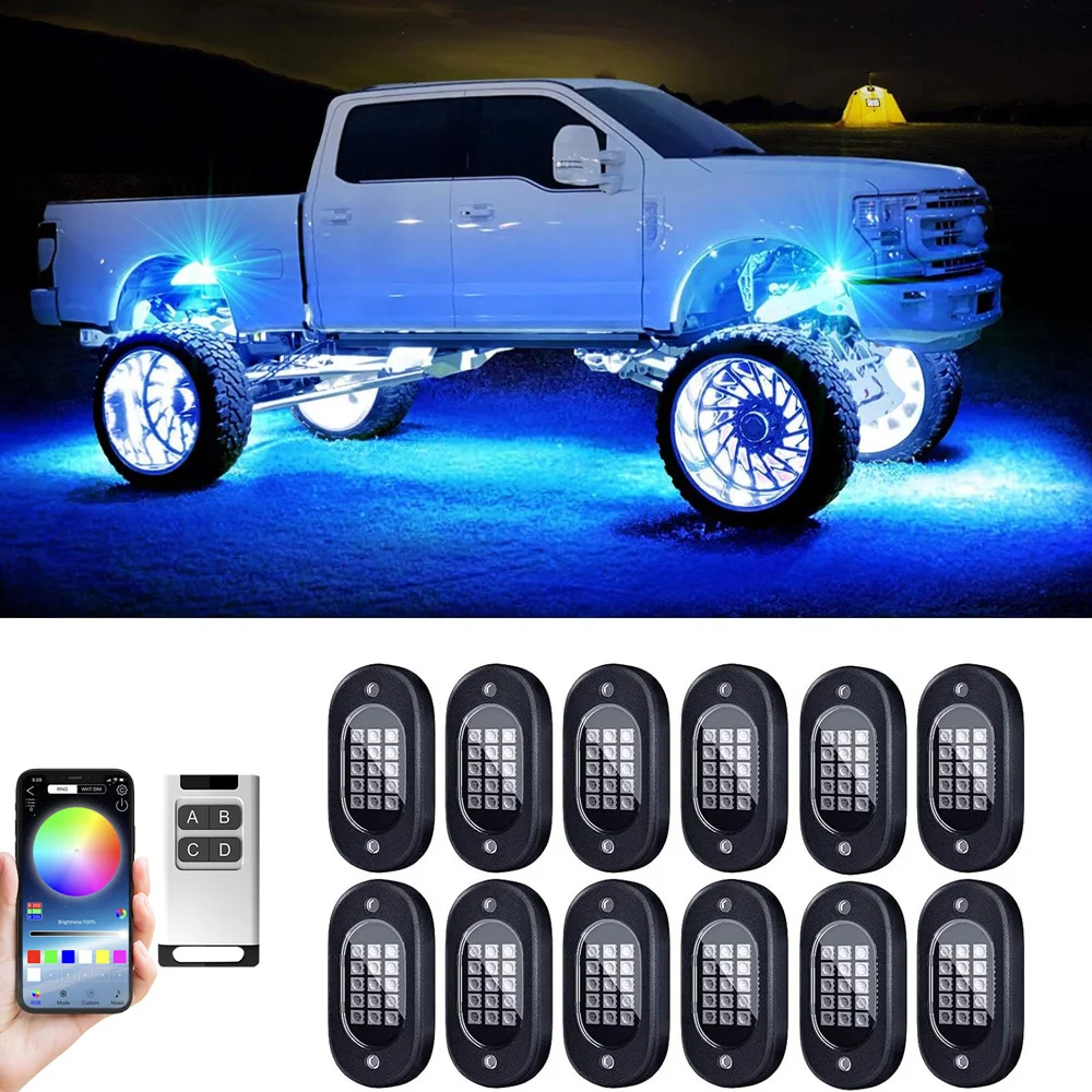 RGB LED Rock Lights for Truck with APP & Remote Control High Bright Multilcolor Waterproof IP68 Rock Neon Light Kits for Pickup