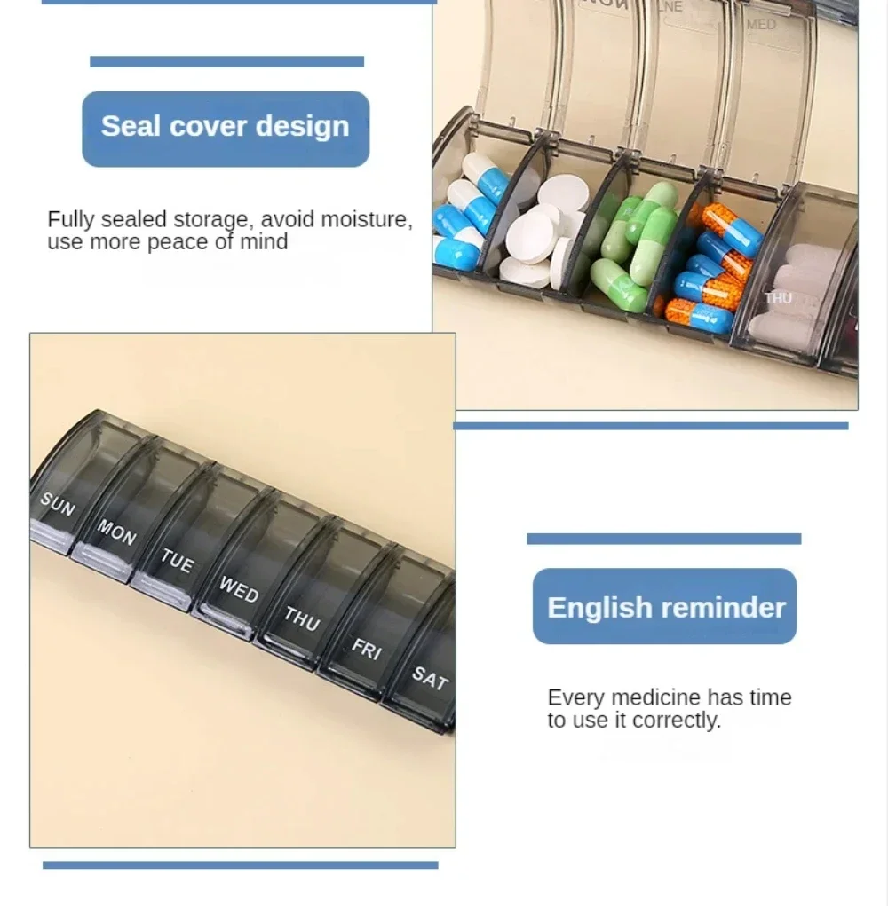 Pillendose für 7 Tage, Medikamentenbox, Wöchentlicher Pillenorganizer für Vitamine, Fischöle, Nahrungsergänzungsmittel und Medikamente für Reisen und Arbeit – Detail 9