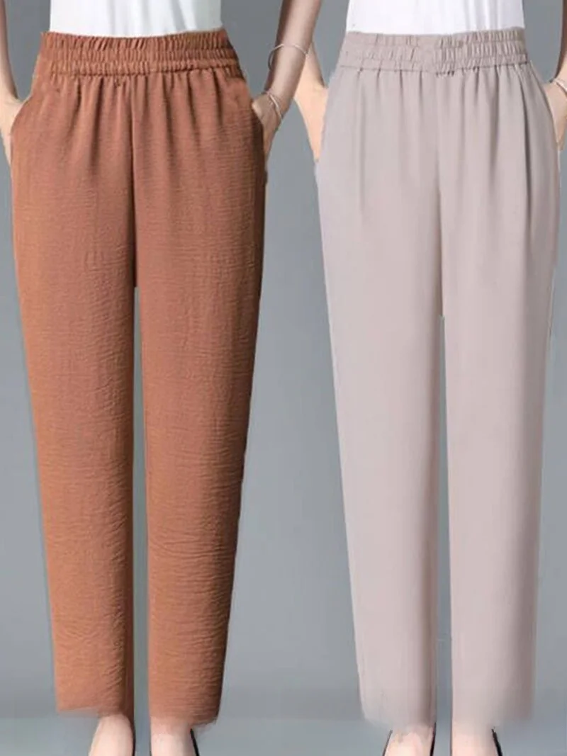 

Летние женские брюки из ледяного шелка и конопли, тонкие, свободные, джинсы-мом с высокой талией, широкие штанины, однотонные, больших размеров, модные повседневные брюки-кюлоты (9/10 длины)