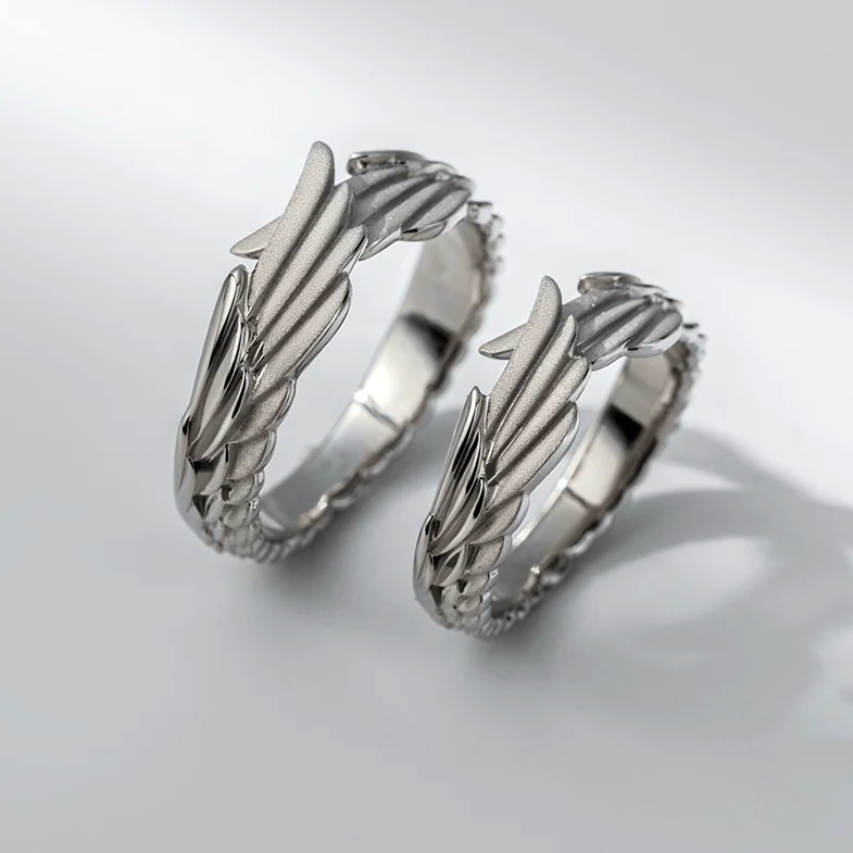WEIER Vintage Guarding Wing 925 Sterling Silver Ring Unisex Feathers Couple Rings Unique Design High Quality Fashion Jewelry