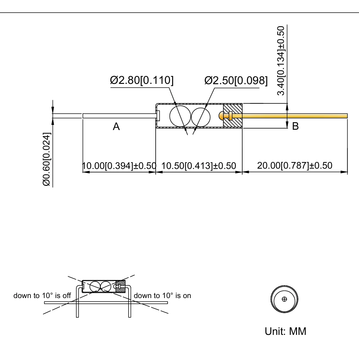SW-200D-10T20G3 بنفايات الأصلي XKB الجسم 9*3.3.5 دبوس 19 مللي متر مطلية بالذهب B دبوس 10 مللي متر لوحة ذهبية مستشعر اهتزاز الكرة التبديل SW-200D