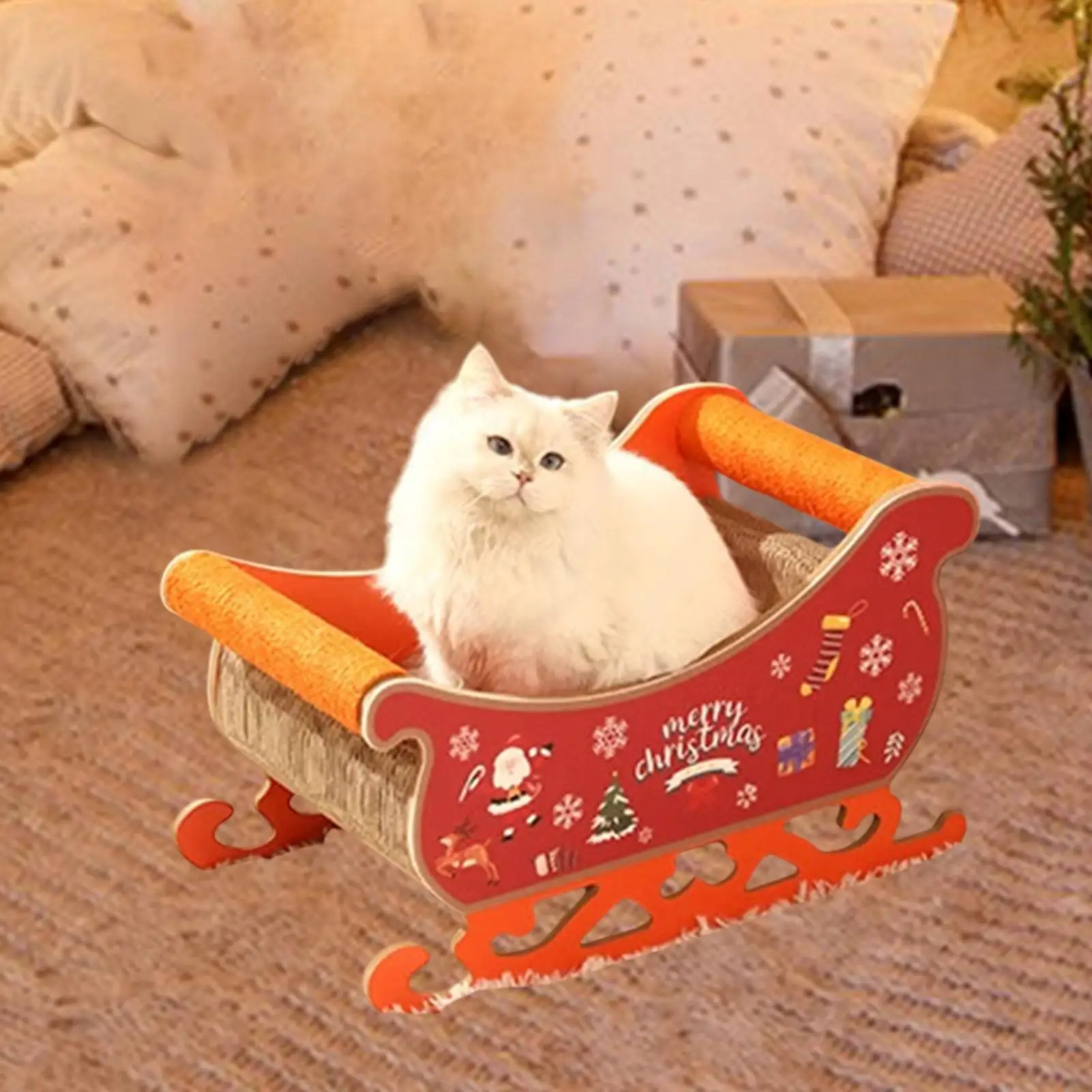 Santa Sleigh Cat Scratcher Bed Holiday Cat Scratch Pad Pet Furniture for Pet Birthday Kitty Small Medium Large Cat Indoor Cats