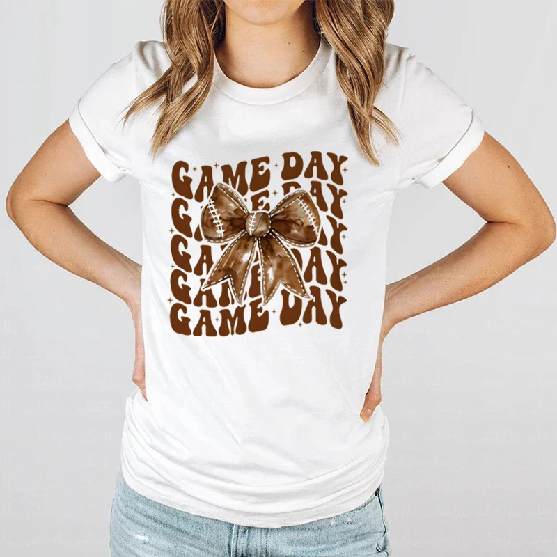 

Cute Fall Bow Game Day Print Tee Shirts For Women Short Sleeves Funny Round Neck Tee Shirts Casual Summer Ladies Fall Loose Tops
