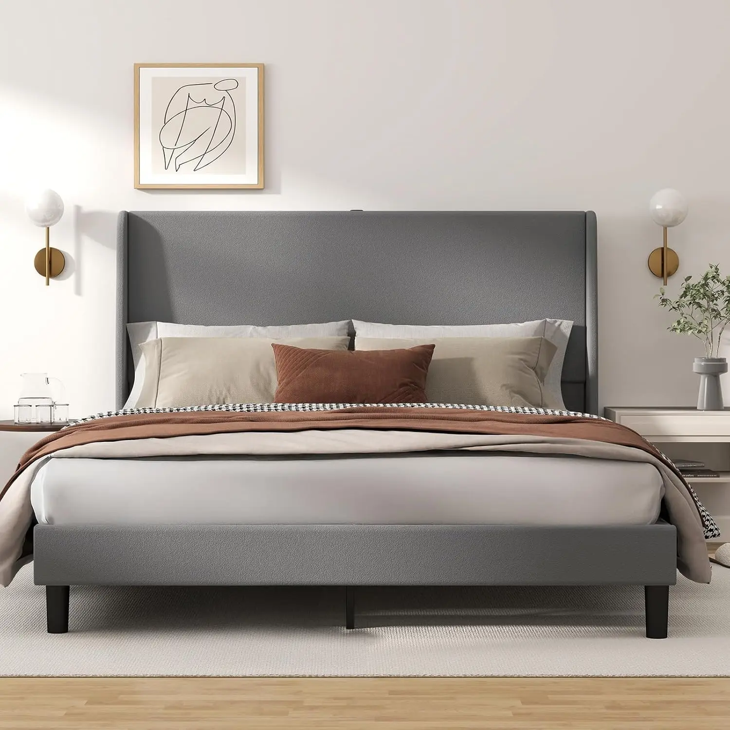 Queen Upholstered Platform Bed Frame with USB-C Tall Wingback Headboard Soft Velvet No Box Spring Easy Assembly Grey, Customized