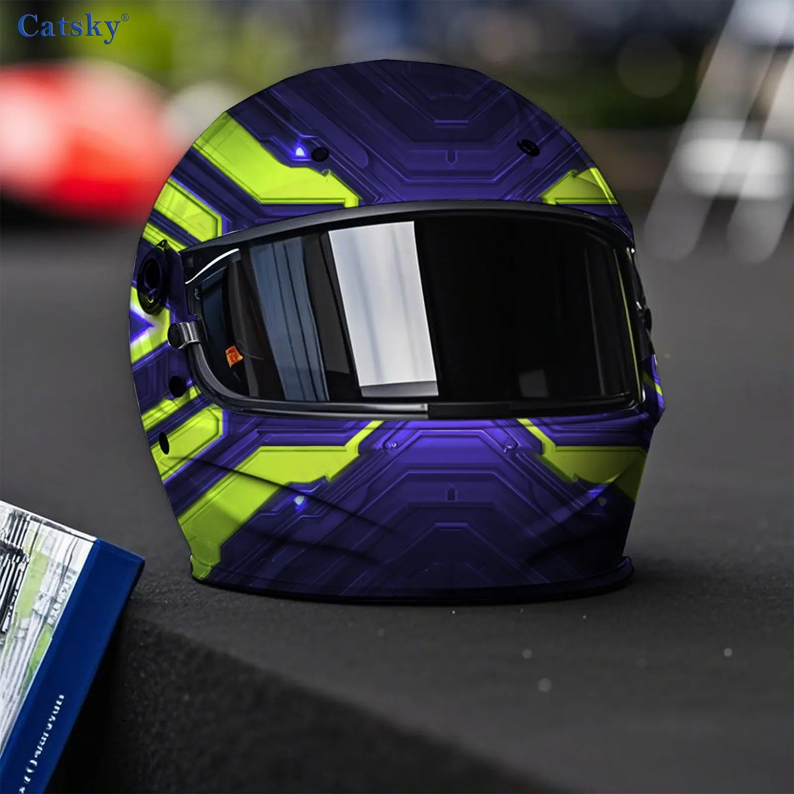 Purple-Black & Fluorescent Yellow Helmet Vinyl Wraps, Waterproof Scratch-Resistant Full Face Helmet Decals, Durable PVC Decorati view 6