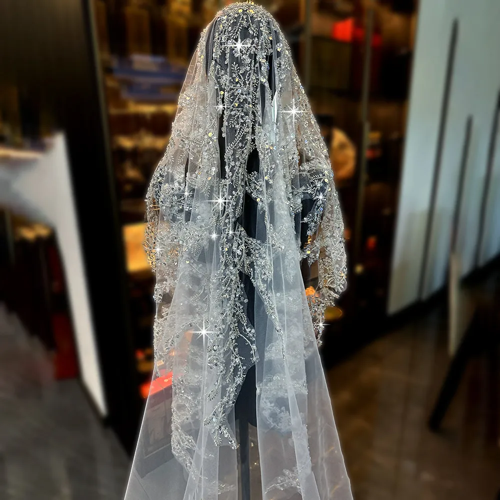 3M Long Cathedral Mantilla Wedding Veil 1.5M Wide Heavy Beaded Rhinestone Lace Tulle Bridal Veil Luxury Sparkly Crystal
