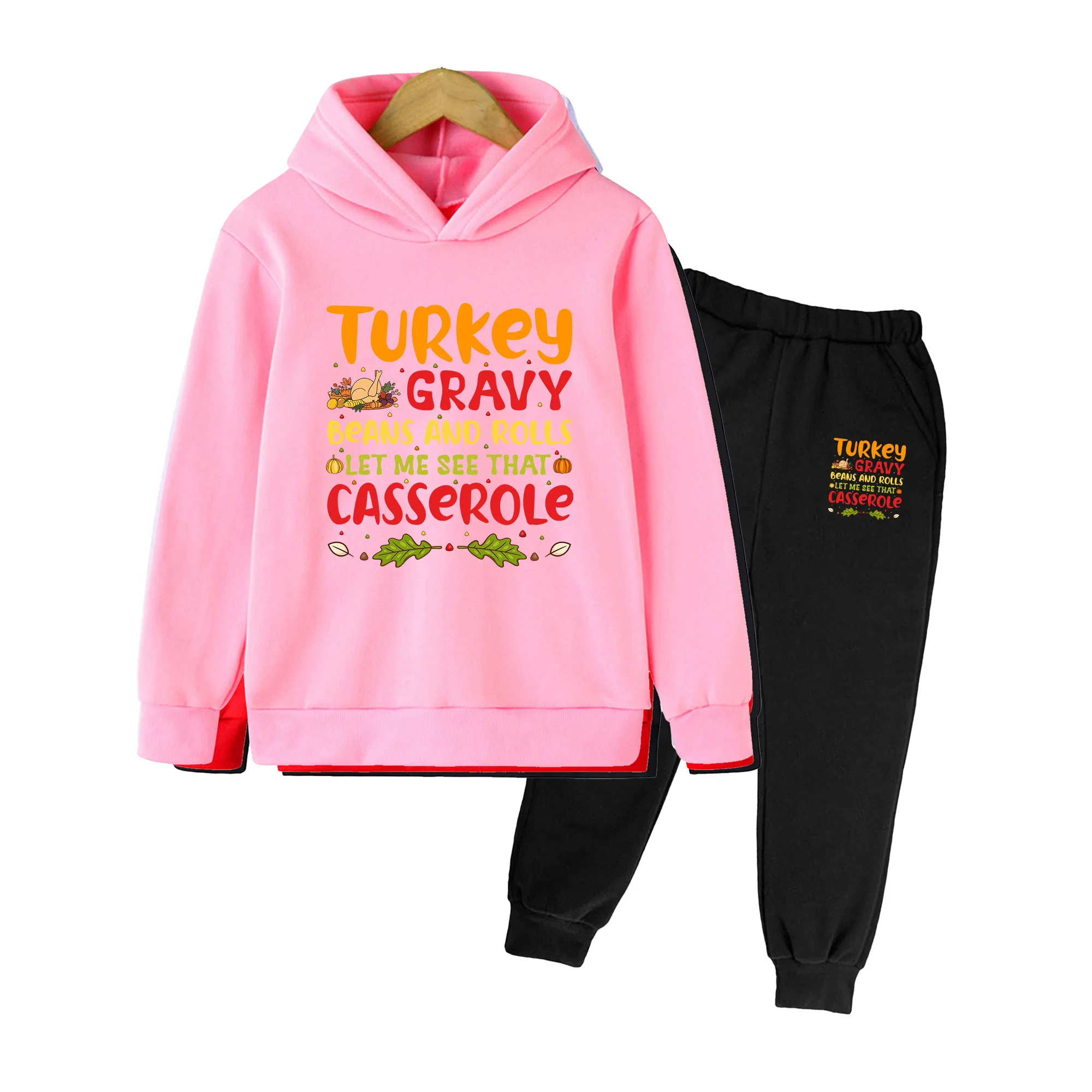 Kids Thanksgiving Turkey Print Hoodie & Sweatpants Set, Long Sleeve Outfit for Boys Girls Fall Holiday Party