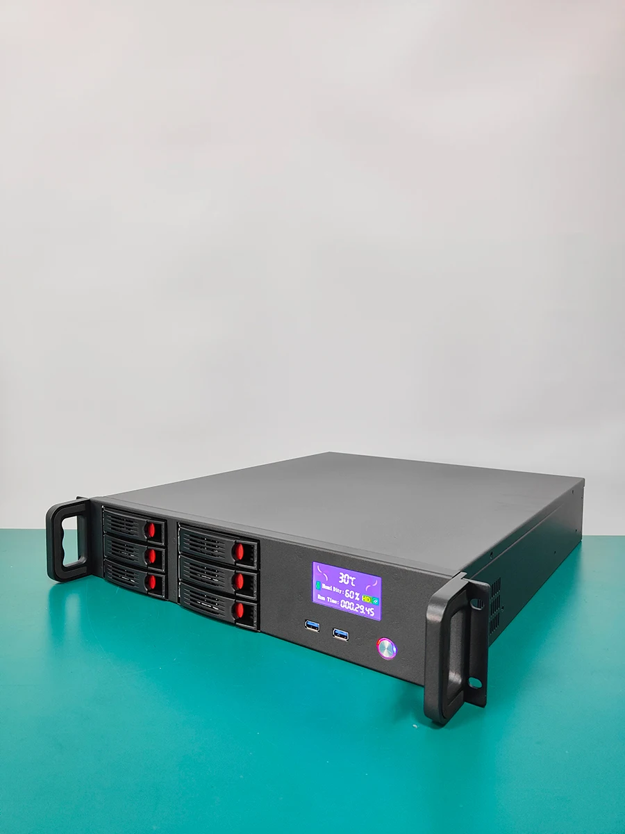 2U chassis with temperature and humidity display redundant 550W dual power ATX main board 6 disc hot swap server