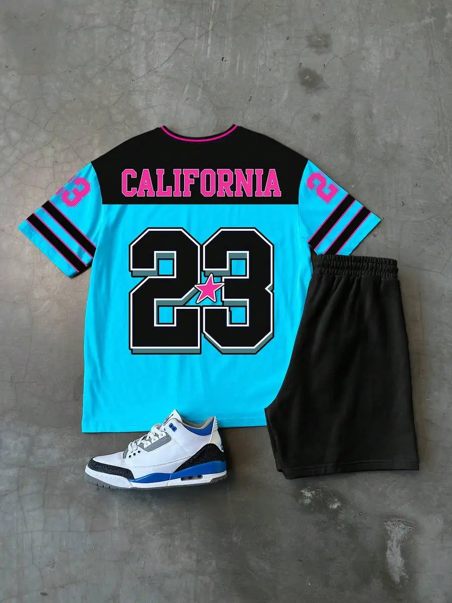 

Manfinity Campus Court Aesthetic Post--Men's Summer Casual Sports Two-Piece Outfit - Colorblock Letter Print V-Neck T-Shirt And