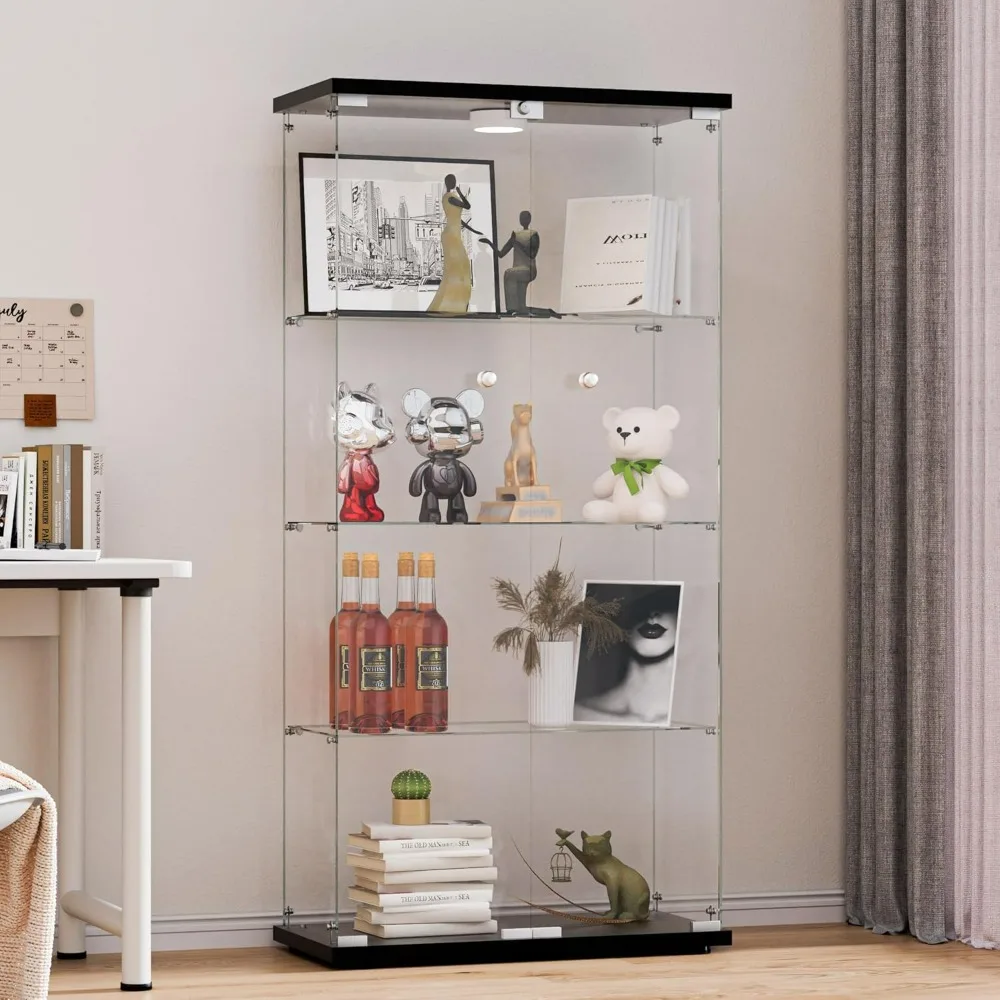 Glass Display Cabinet 4-Shelf 2 Doors with LED Push Light Lockable Glass Display Case with 5mm Tempered Glass Floor-Standing