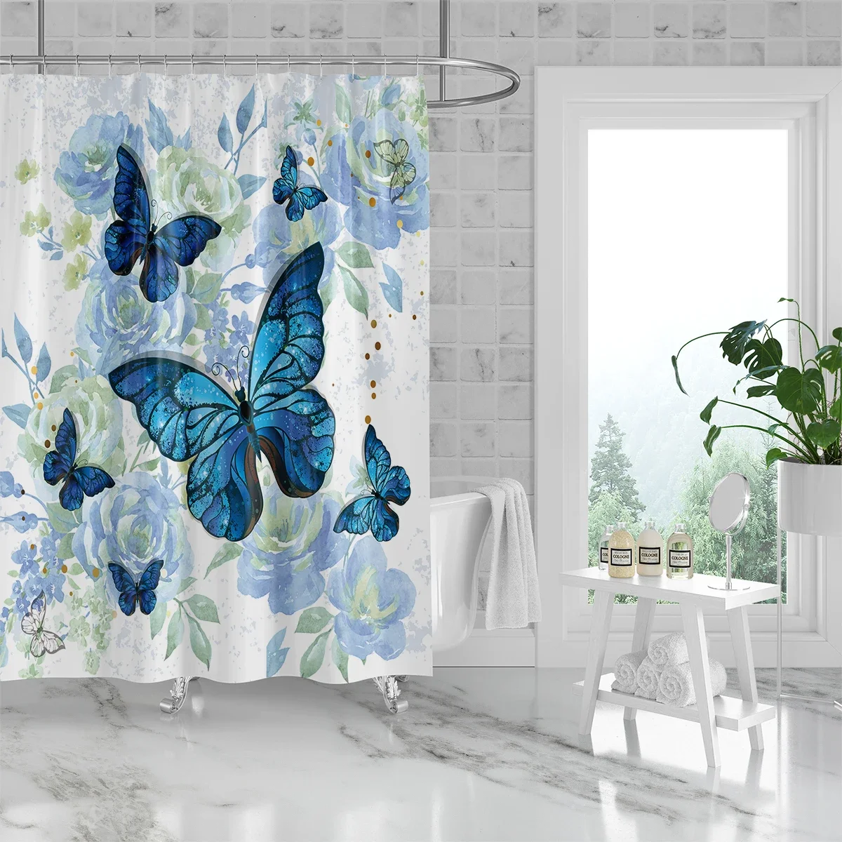 1 piece of 180x180cm blue butterfly flower printed shower curtain partition, bathroom waterproof and mold resistant