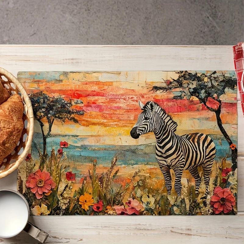 4pcs Intricate Collage of Zebra Standing in African Savanna's Placemats for Farmhouse Dining Table, Spring/Summer Country Rustic