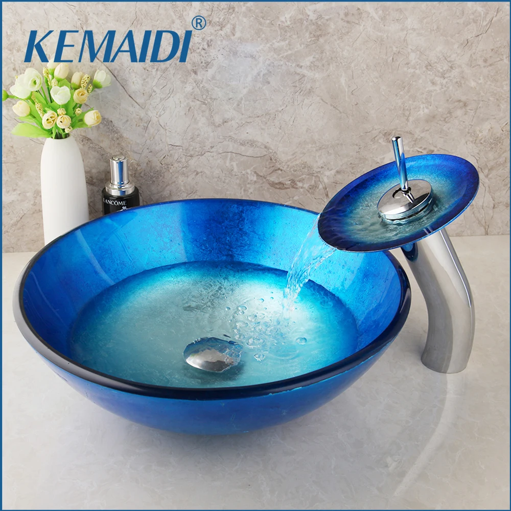 

KEMAIDI Blue Tempered Glass Basin Sink Faucet Combo Bathroom Bowl Sink Washbasin with Waterfall Cold Hot Water Mixer Tap