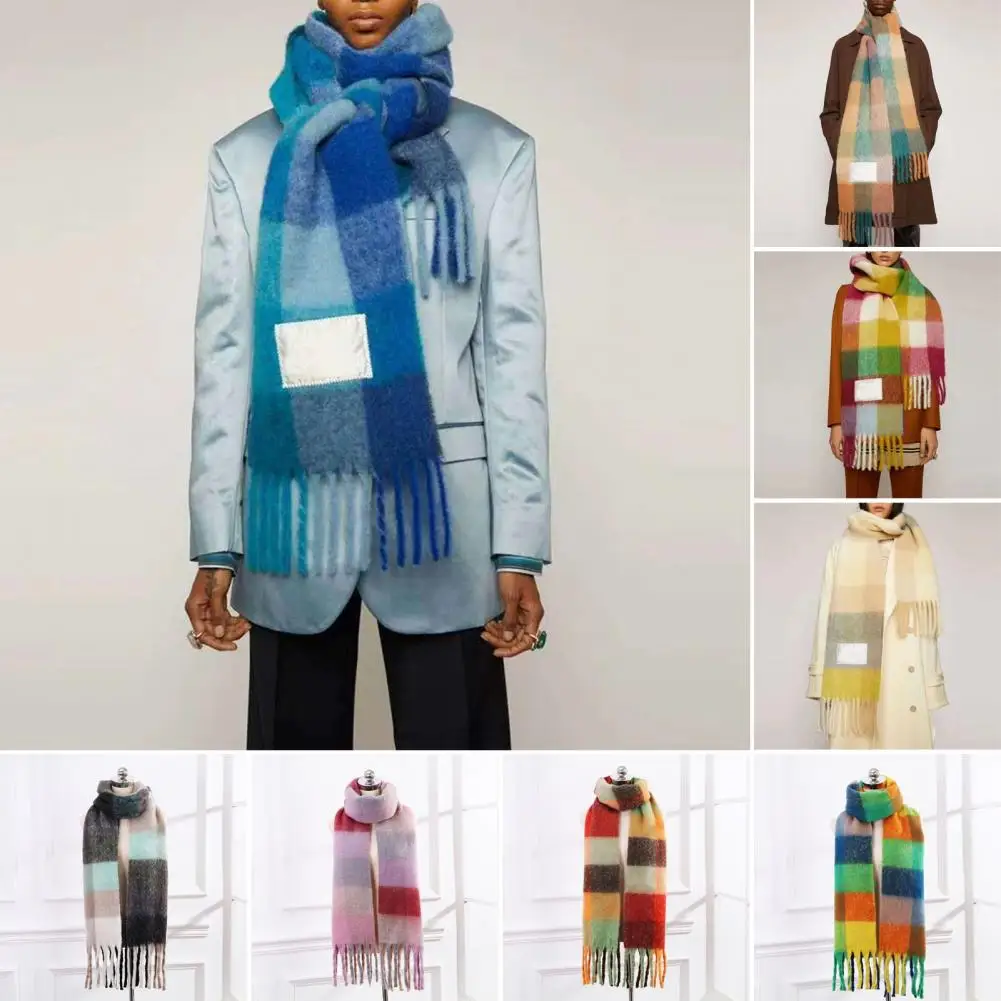 Women Winter Scarf Colorful Colorblock Tassel Decor Neck Scarf Thick Plaid Print Wide Long Unisex Men Winter Scarf