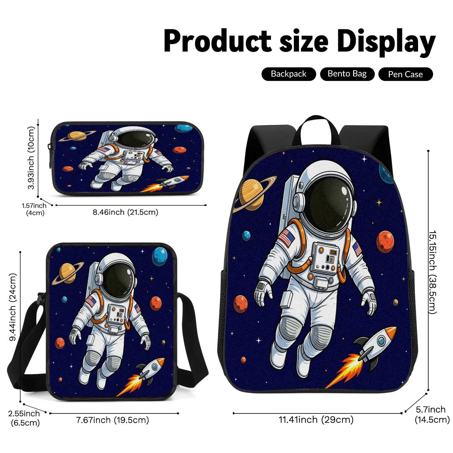 3-Piece Space Astronaut Planet Print Backpack Set, Includes Backpack, Crossbody Bag and Pencil Case, Lightweight Unisex