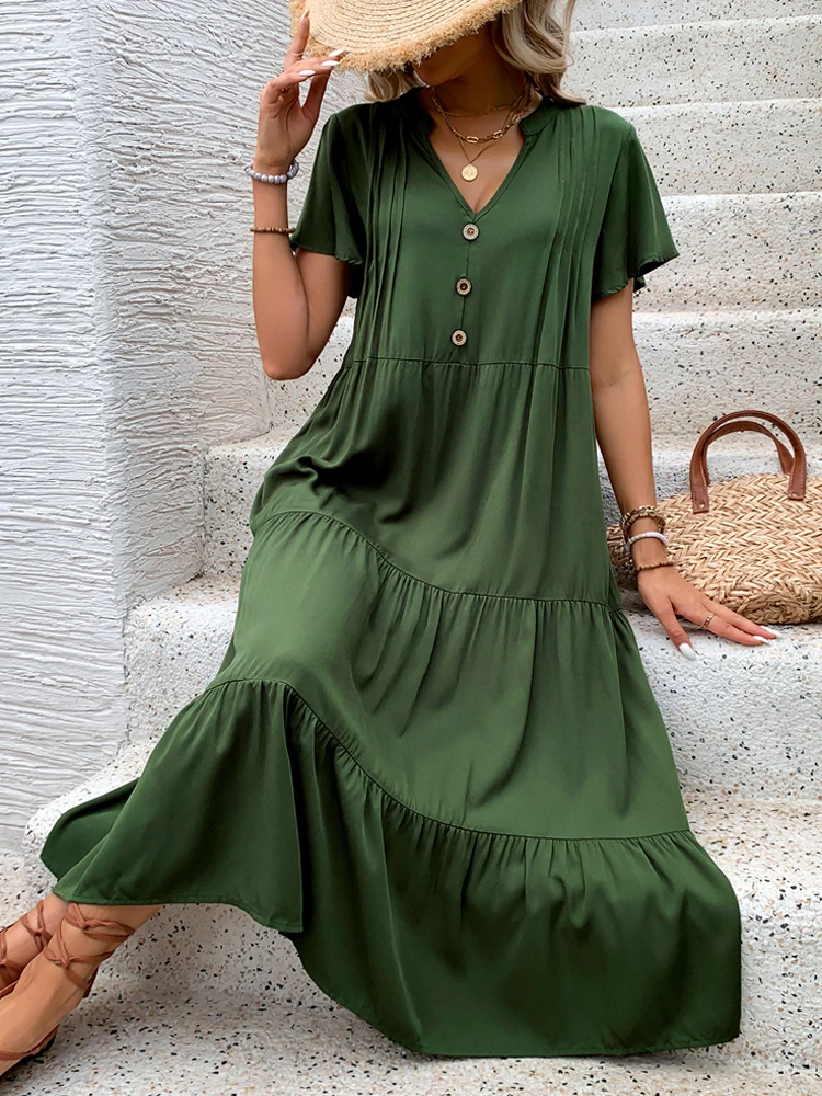 JIM & NORA 2024 summer Europe and the United States hot V-neck loose comfortable dress ruffled short sleeve skirt