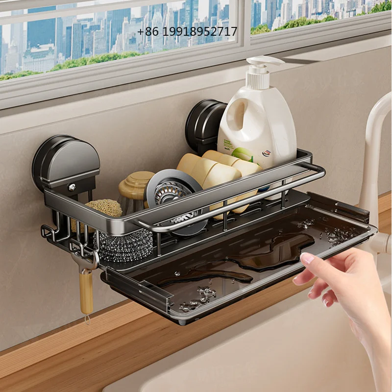 YM No-Drill Kitchen Sink Storage Rack Suction Cup Cloth Draining Rack Multifunctional Wall-Mounted Sink Shelf for Utensils Dishe
