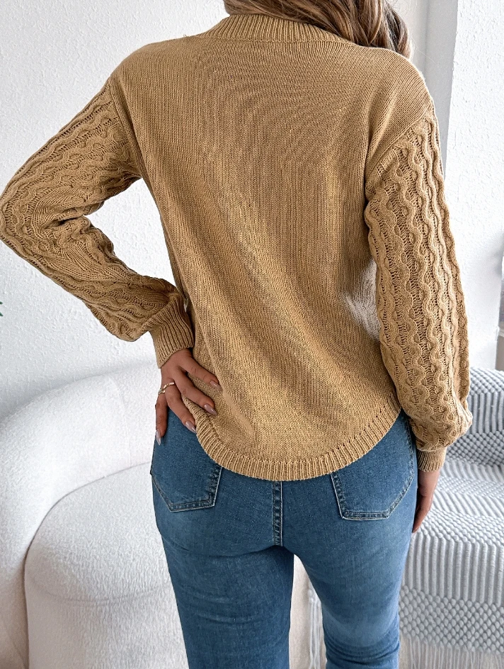 2024 New Autumn Winter Casual Versatile Solid Fried Dough Twists Lantern Sleeve Irregular Pullover Sweater