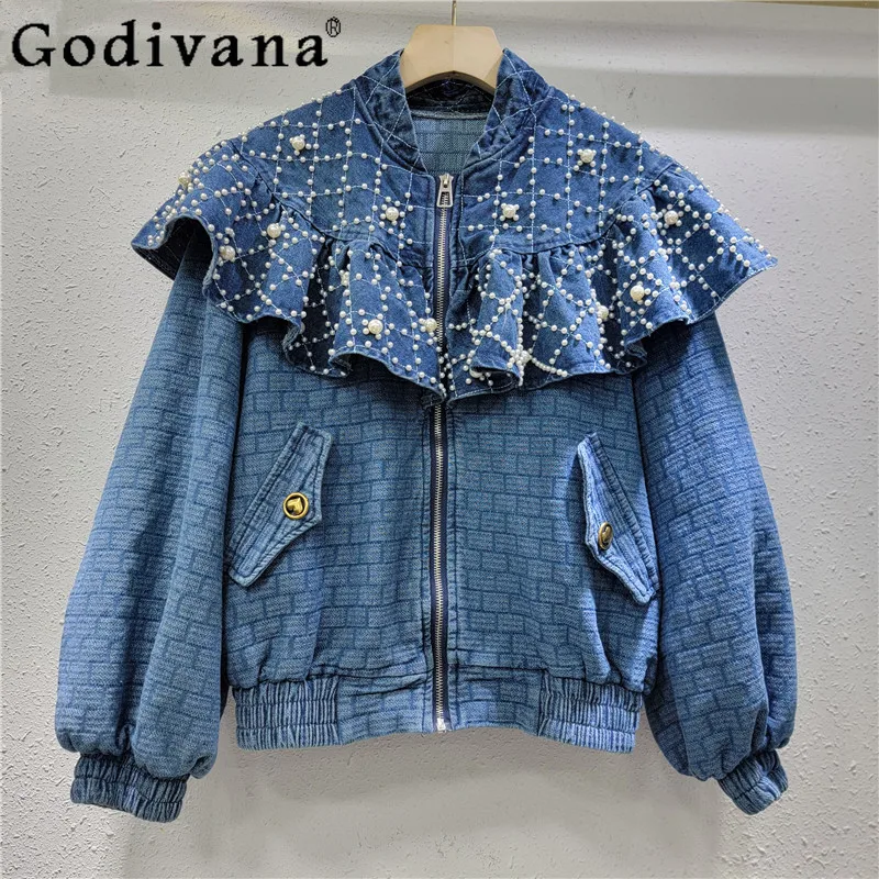 Spring Autumn Heavy Industry Beads Color Matching Ruffles Temperament Denim Jacket Fashion Loose Long Sleeve Versatile Blue Top